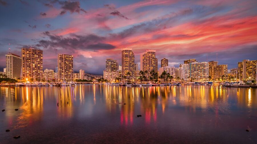 Oahu: Waikiki Glass Bottom Boat Sunset Cruise - Sunset over Waikiki, with Diamond Head in the frame